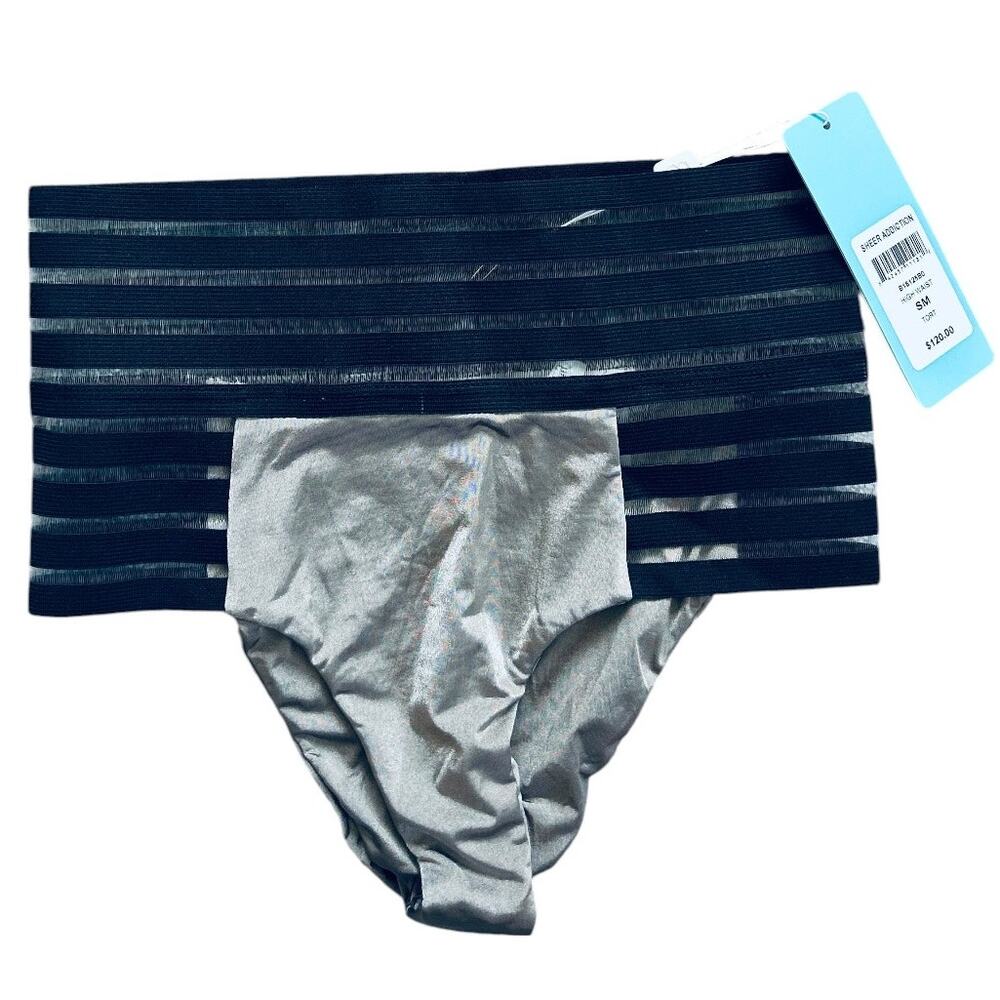 NWT Beach Bunny Sheer Addiction High Waist Bikini Bottom Pewter, Black $120 Sm